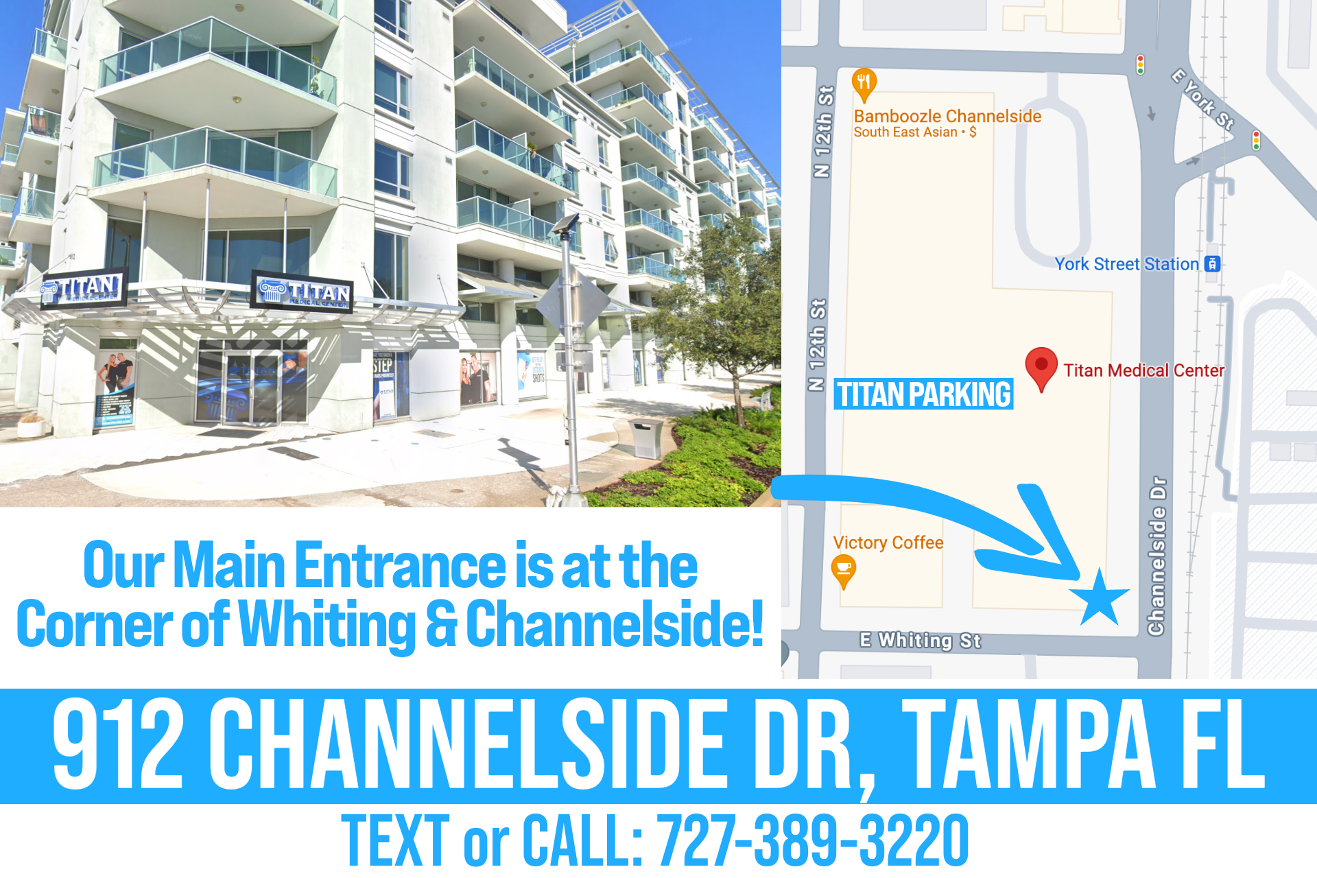 Shows the exact location of Titan Medical in downtown Tampa on Channelside where we welcome walk-in's and face to face contact with our patients.